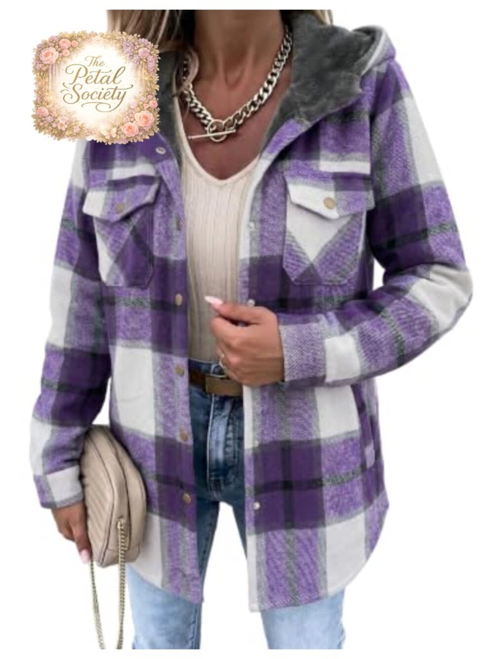 Womens Plaid Flannel Shacket Fleece Lined Hooded Button Front Coat
